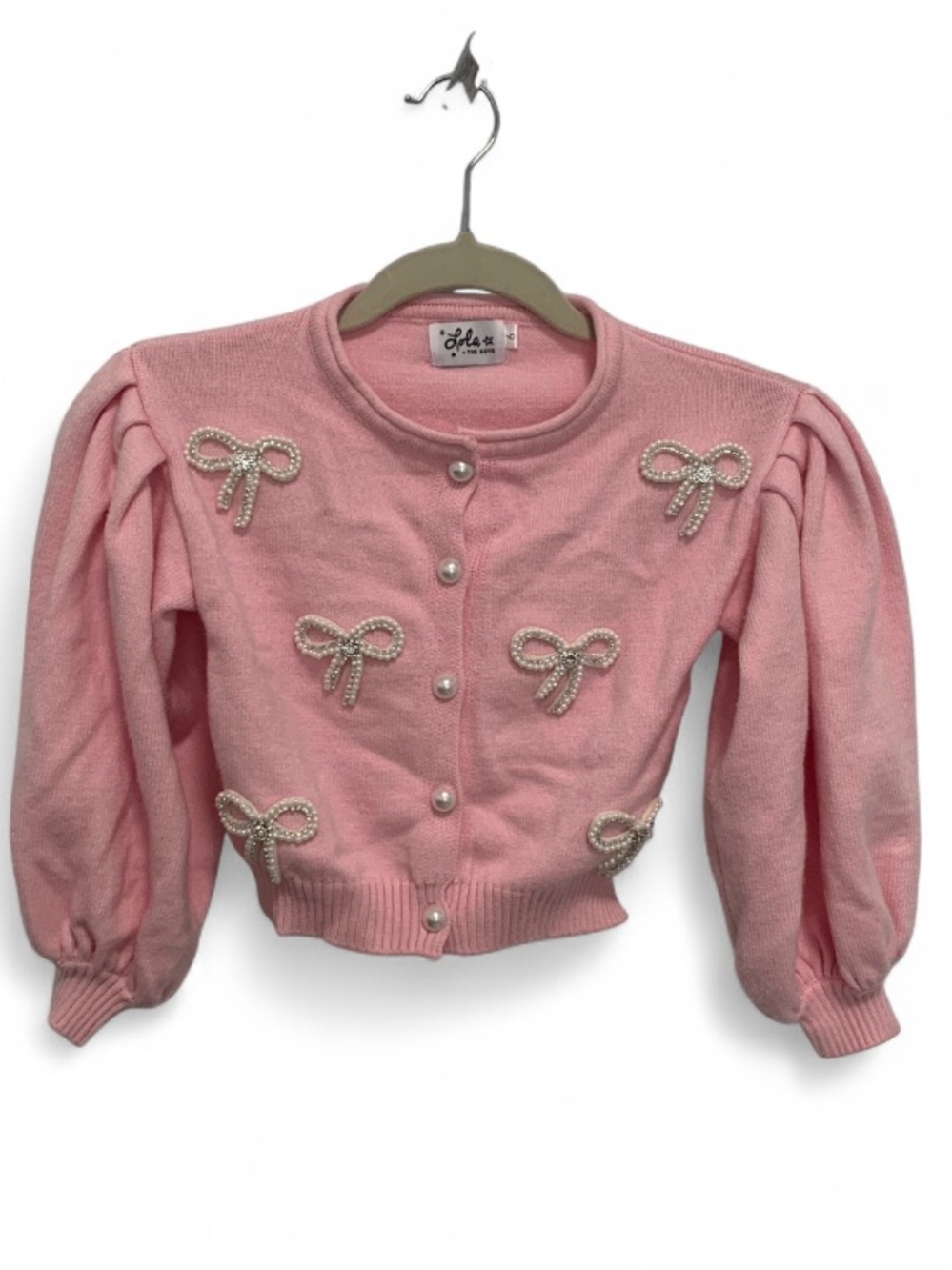 Lola and the Boys Pink Pearl Bow Puff Sleeve Cardigan